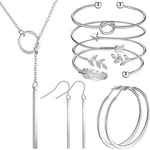 7 Piece Simple Bar Jewelry Set Bar Necklace, Earrings & Adjustable Bracelets